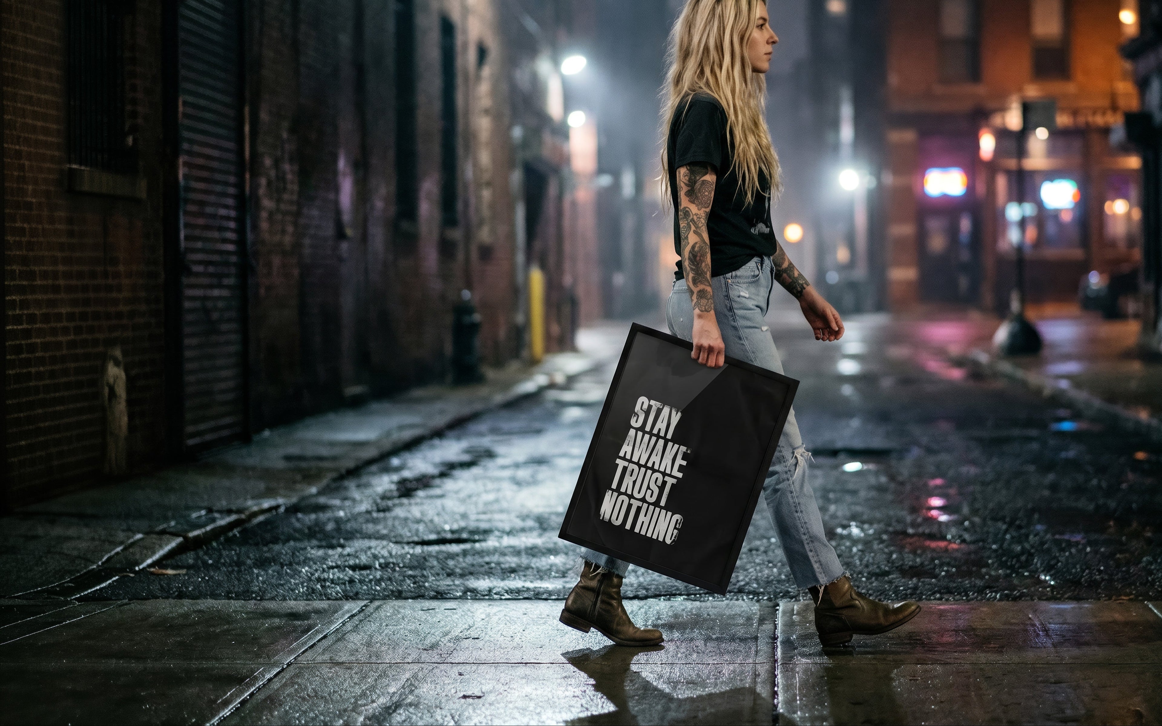 Person walking down a rain-soaked alleyway holding a black bag with text.