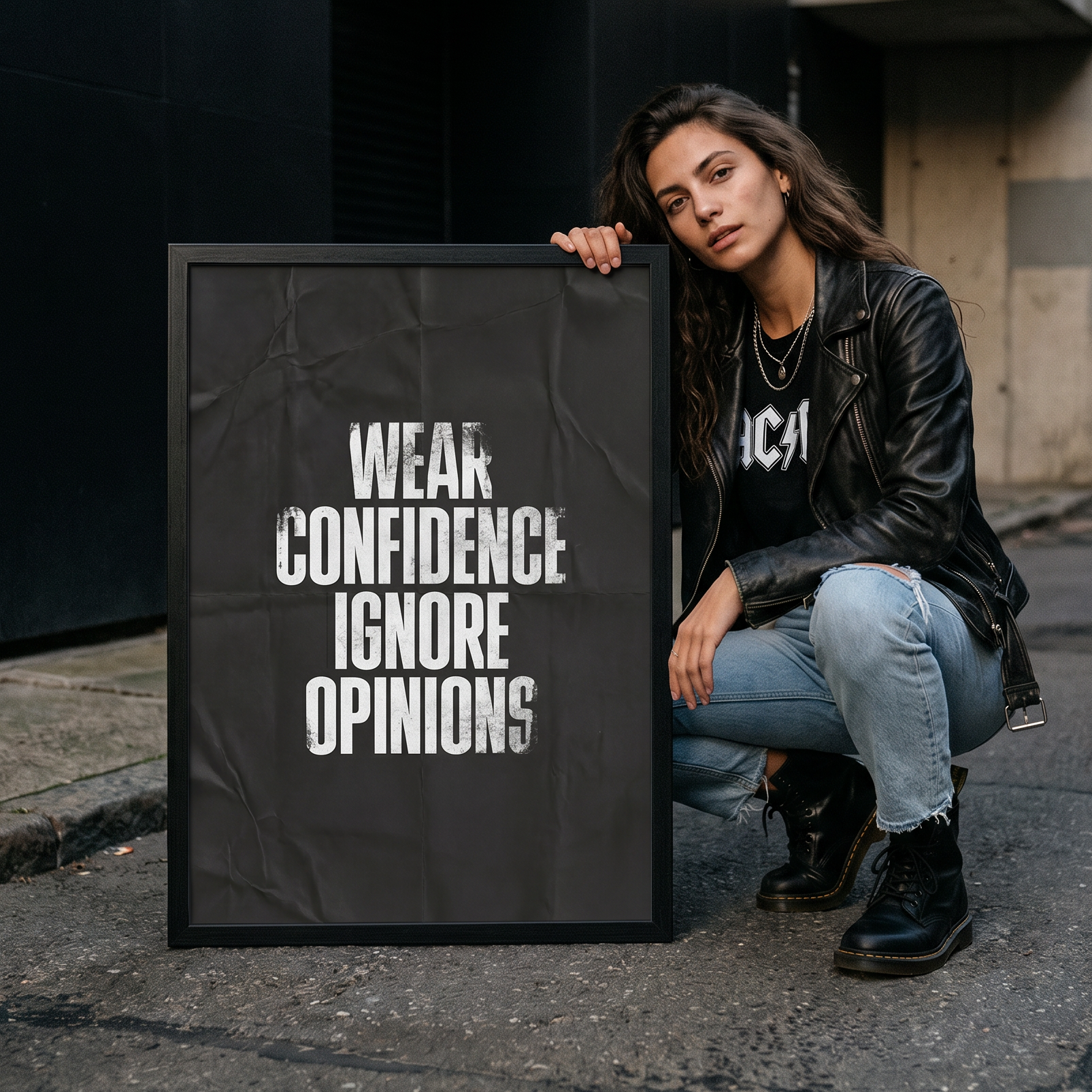 Woman holding a framed quote sign on a street.