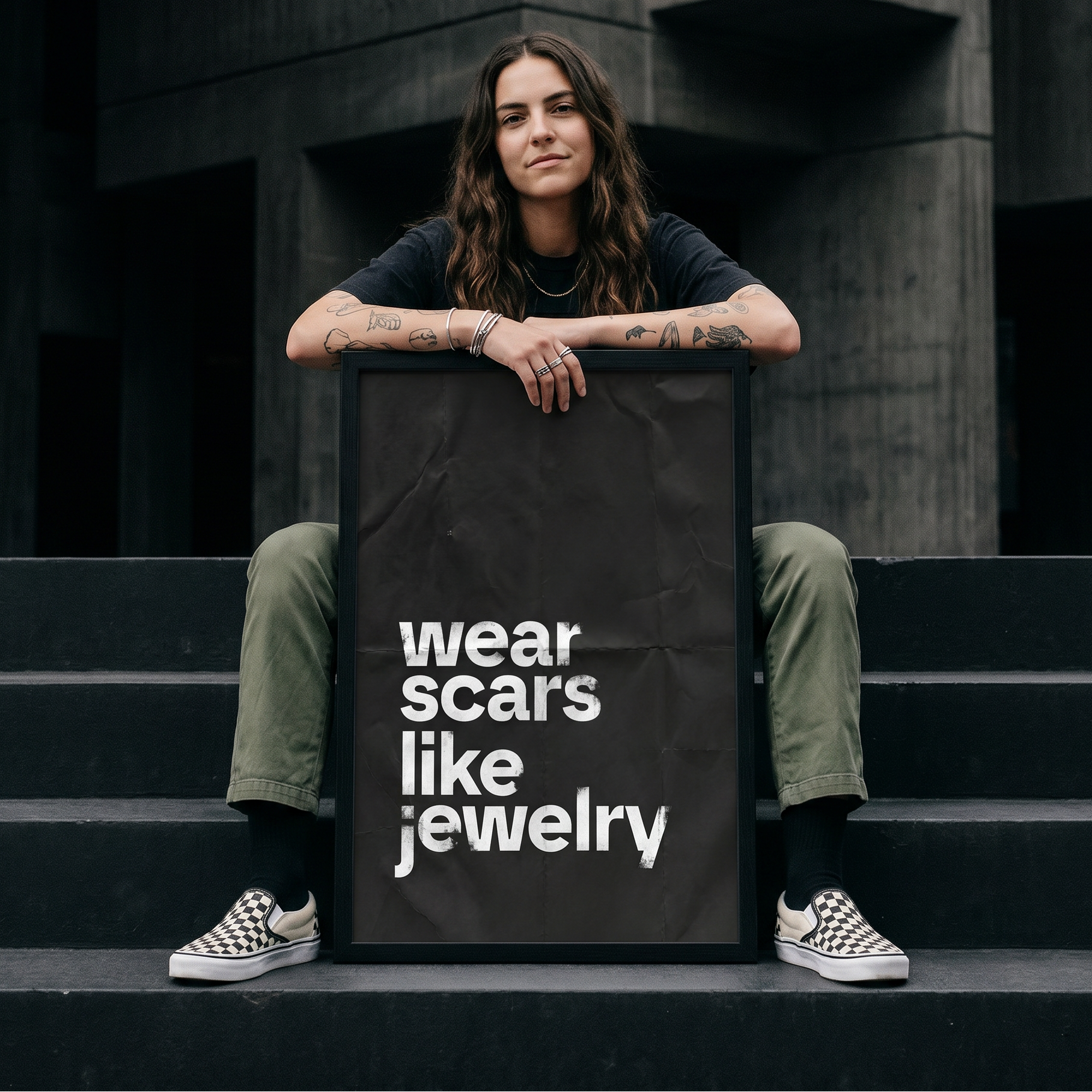 Person holding a banner with 'wear scars like jewelry' text on steps.
