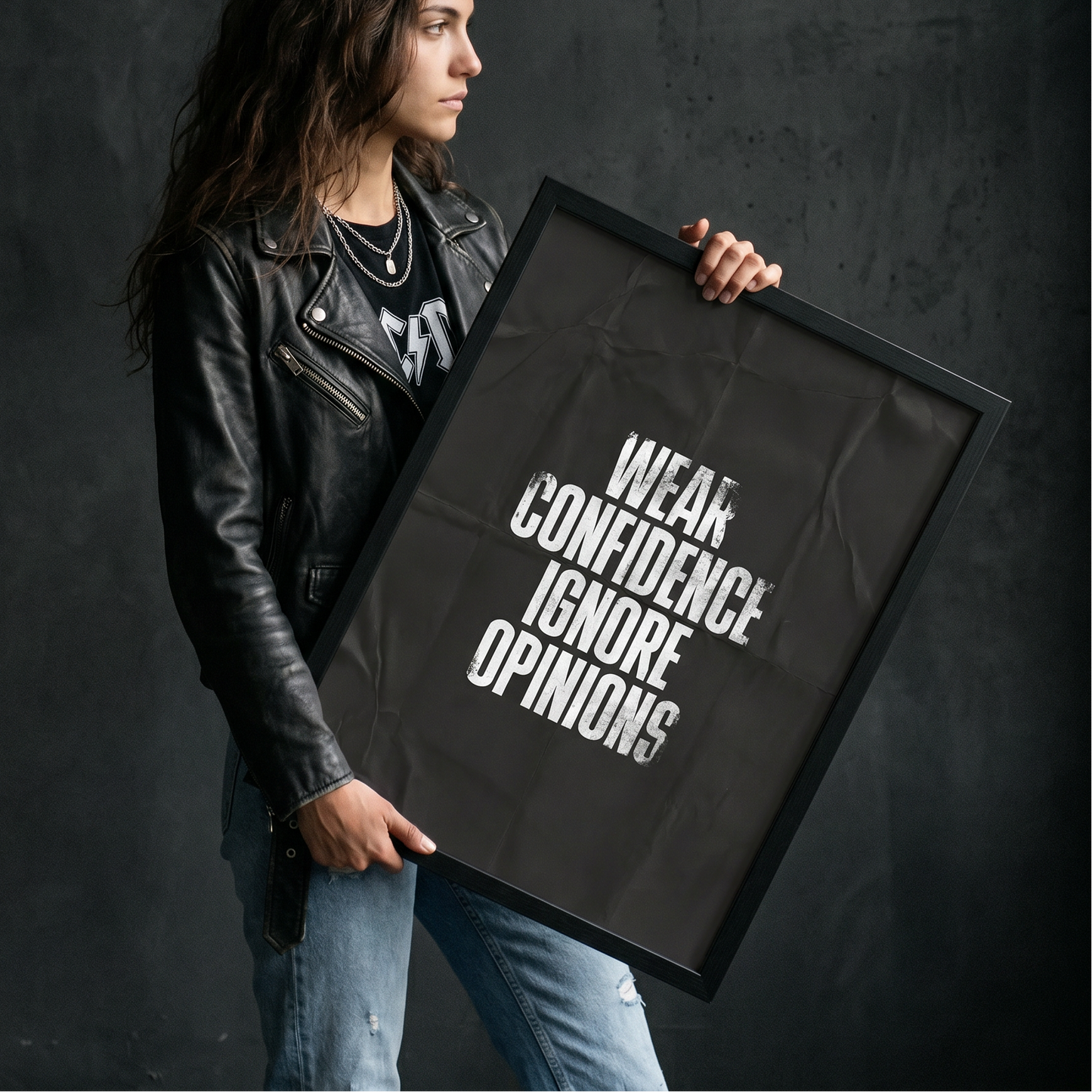 Person holding a framed quote against a dark background