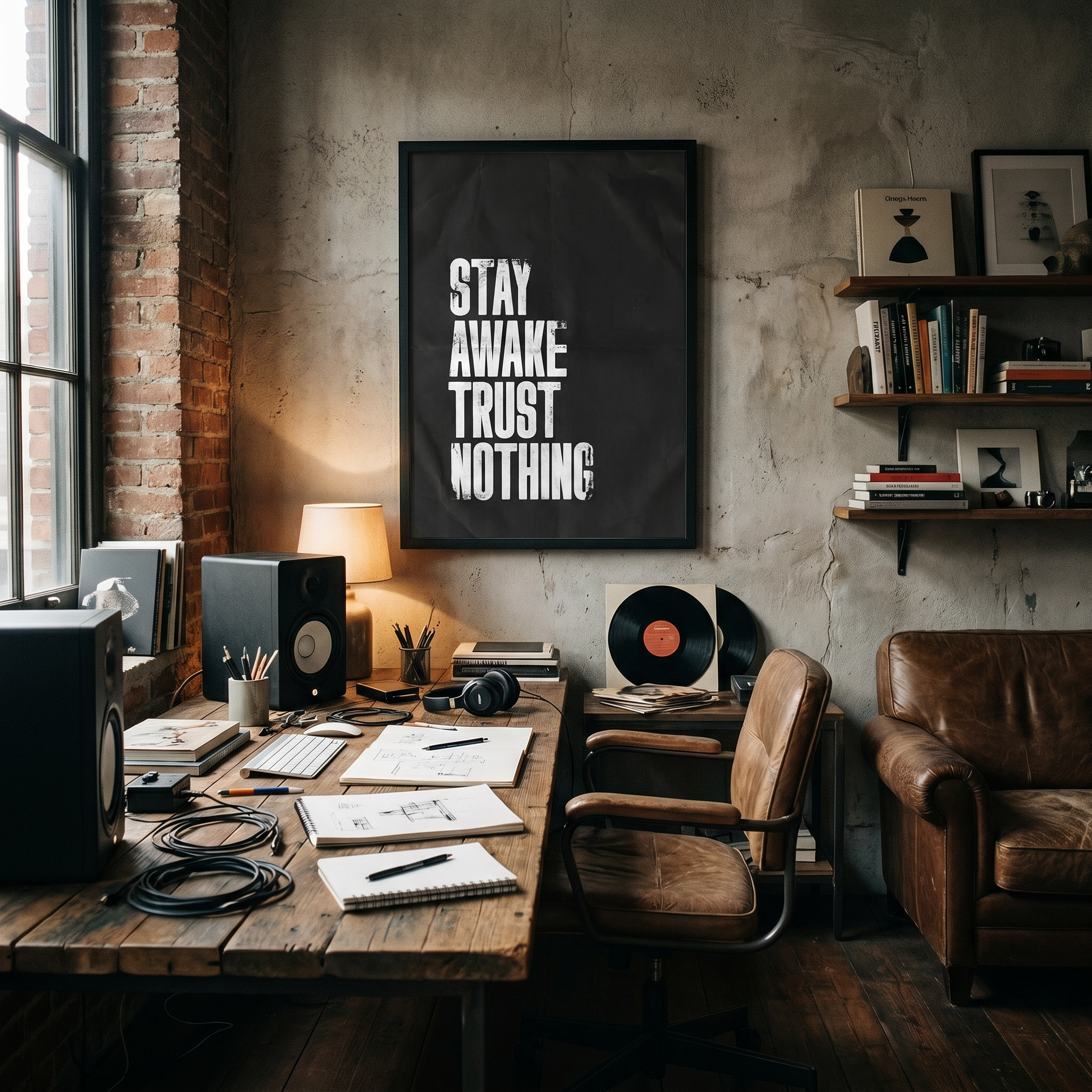 Home office with a desk, chair, and wall art in a cozy room.